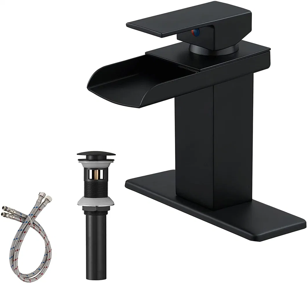 Aquacubic Waterfall Bathroom Basin Faucet Black Matt Sink Mixer Deck Mounted Single Lever Hot & Cold Tap Bathroom Fixture